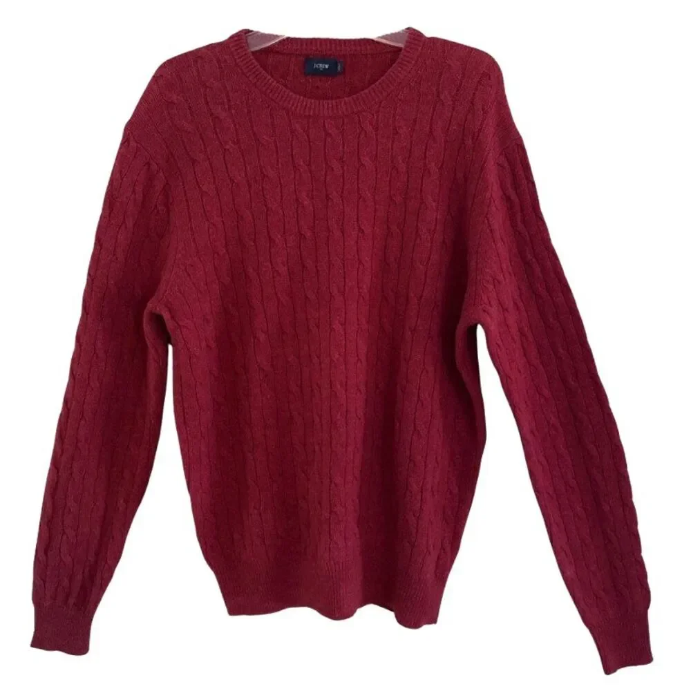 J Crew Lambswool Cable Crewneck Sweater Mens Sz L Heather Beet Burgundy Classic